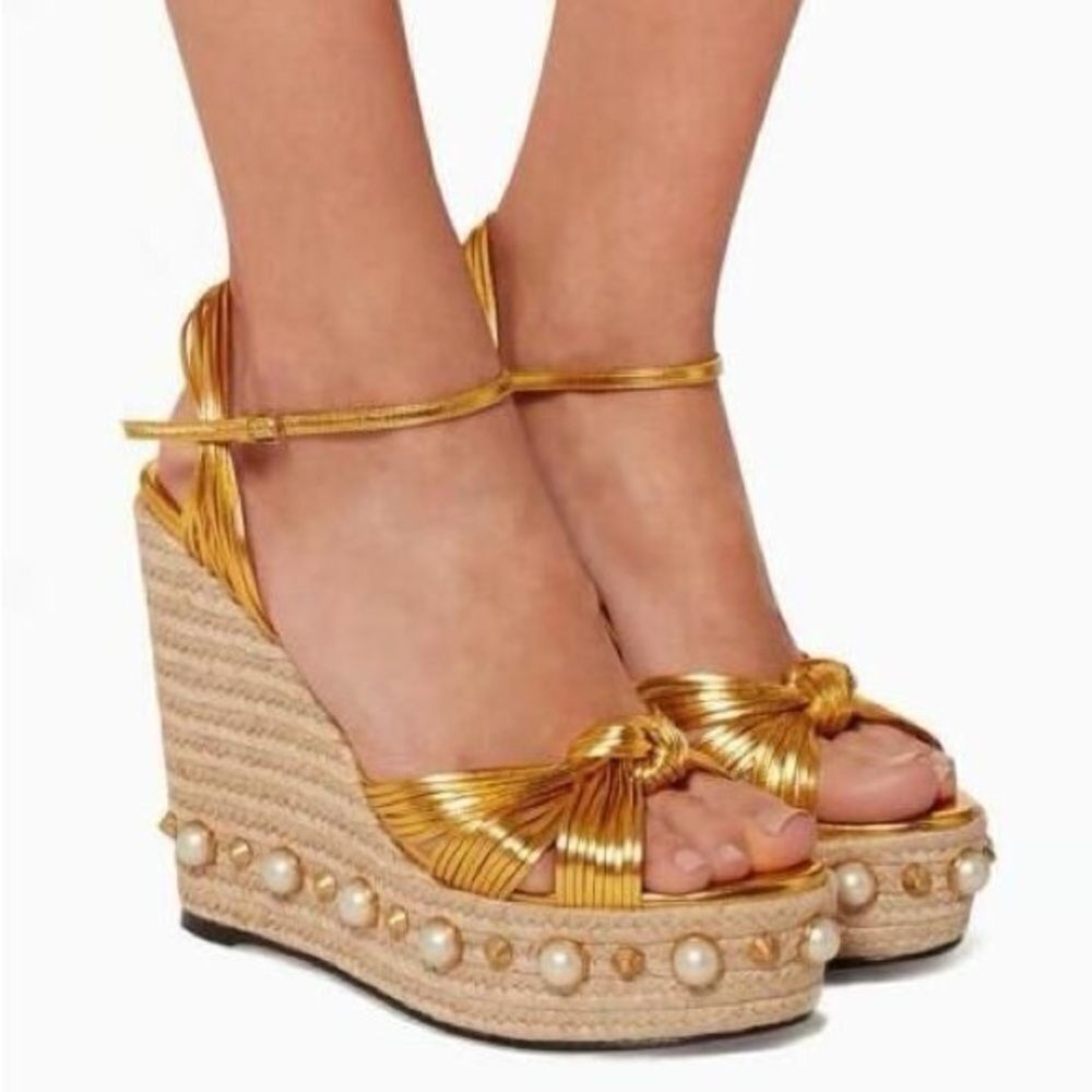 Gucci Barbette Knotted Leather Gold Metallic Pearl Platform Wedge Sandals - Picture 1 of 15